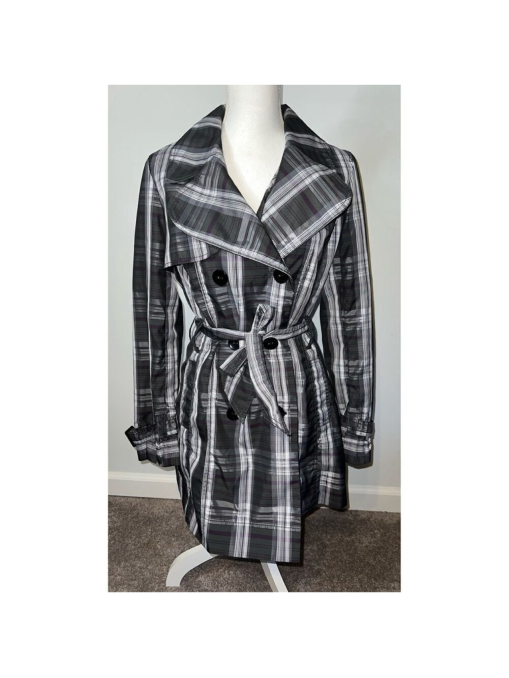 Casual Plaid Gray/Purple Button Rain Coat MEDIUM Jacket